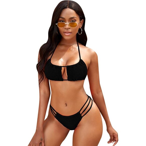 NAFLEAP Womens SMALL Black Smocked Bandeau Halter String Brazilian BIKINI NWT - Picture 1 of 5